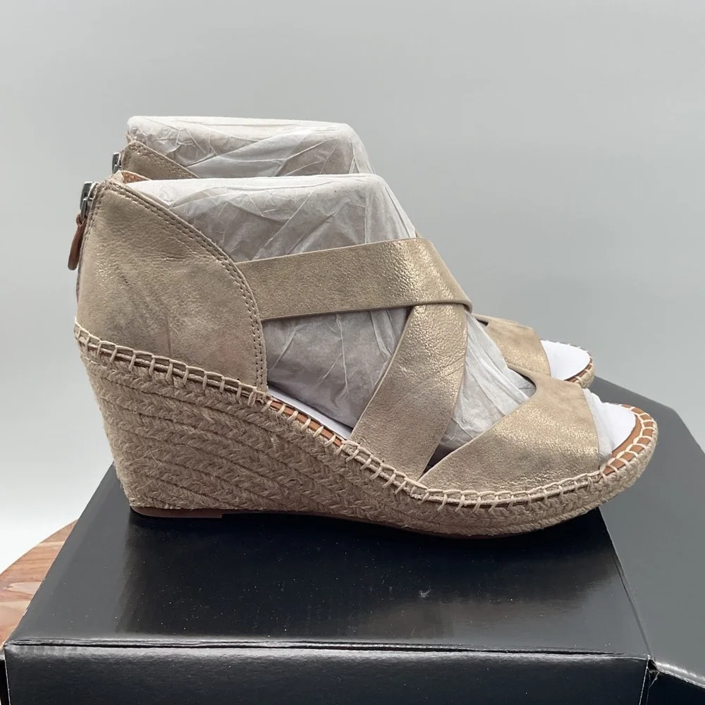 Gentle souls Corinne Wedge Metallic Champagne Leather Espadrille Sandals 9M